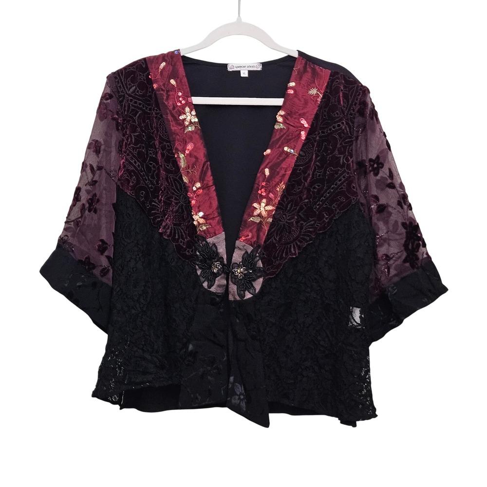Spencer Alexis Jacket Women XL Black Burgundy Lace Velvet Sequin Whimsigoth Dark